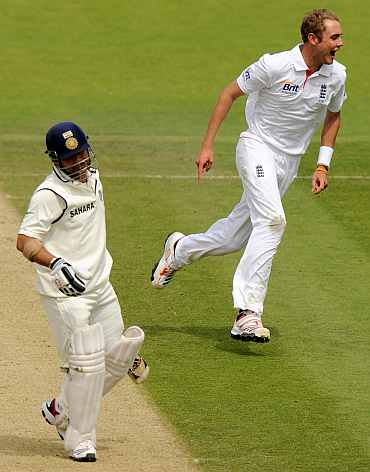 Sachin Tendulkar reacts after being dismissed by Stuart Broad