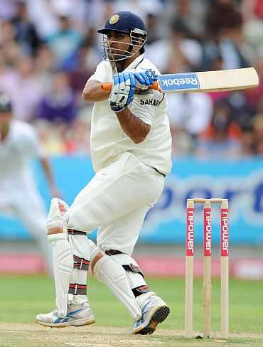 MS Dhoni plays a pull shot during the his knock against England