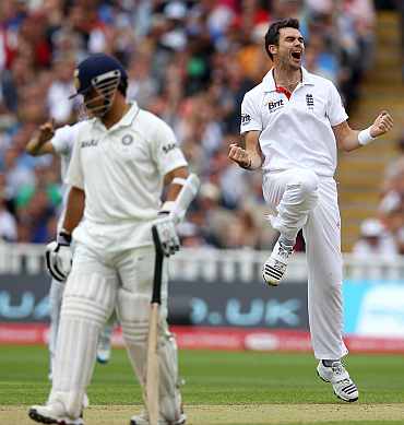 James Anderson celebrates after picking the wikcet of VVS Laxman
