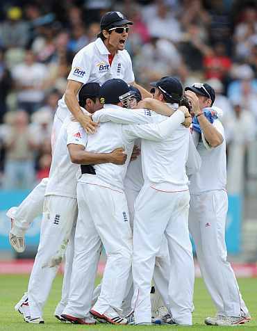 England team celebrates after winning the Test match