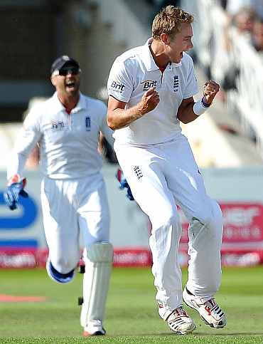 Stuart Broad celebrates after picking up a wicket