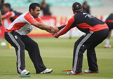 Ravi Bopara and Ian Bell warm up during the nets session