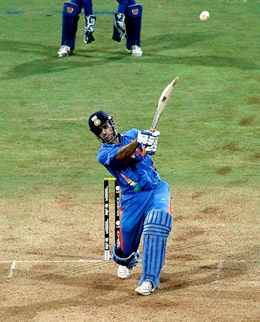 Mahendra Singh Dhoni hits a six to win the 2011 World Cup, against Sri Lanka in Mumbai