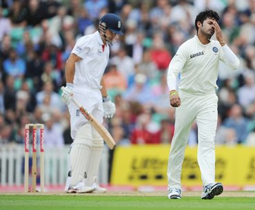 S Sreesanth reacts after missing an edge of Alastair Cook