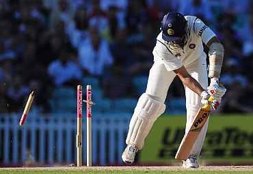 VVS Laxman is clean bowled by James Anderson