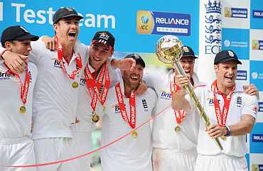 Andrew Strauss receives the ICC Test Championship Mace as England become the number one ranked team