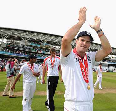 Andrew Strauss celebrates after winning the match