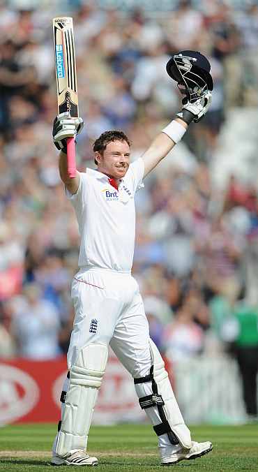 Ian Bell celebrates after completing his double century