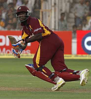 Andre Russel plays a shot during his knock against India