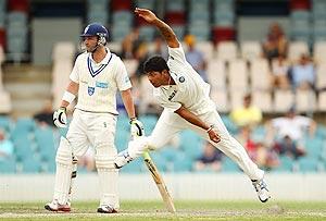 Umesh Yadav bowls during the practice match in Canberra on Wednesday