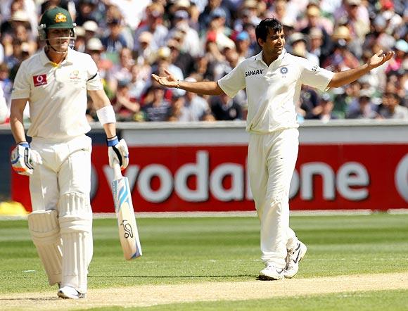 Zaheer Khan celebrates the wicket of Brad Haddin