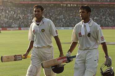 V V S Laxman and Rahul Dravid after their legendary partnership, Eden Gardens, March 2001