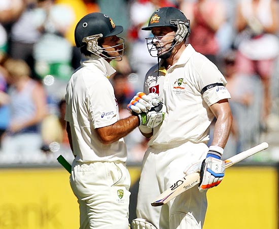 Michael Hussey, right, with Ricky Ponting
