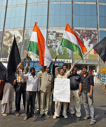 Demonstrators shout anti-ICC (International Cricket Council) slogans during a protest outside Eden Gardensin Kolkata on Monday