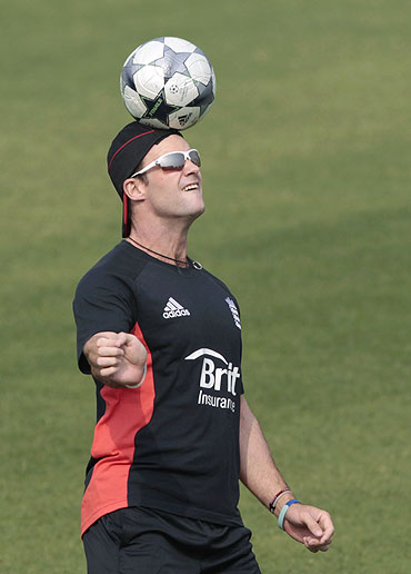 Andrew Strauss goes through the grind during a training session in Dhaka on Monday