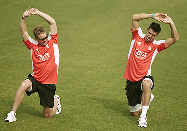 England's Paul Collingwood (left) and Kevin Pietersen at a training session on Monday
