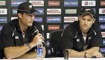 New Zealand's Martin Guptill (left) and Brendon McCullum (right) speak at a news conference in Chennai on Monday