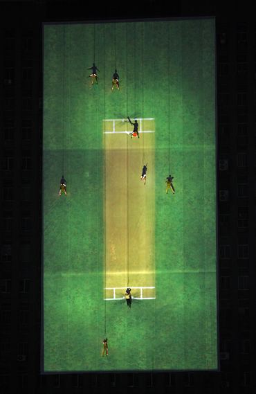 An aerial cricket match during the opening ceremony