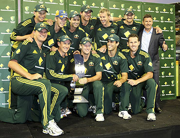 Australian One-Day team pose with the trophy after their series win over England on February 6