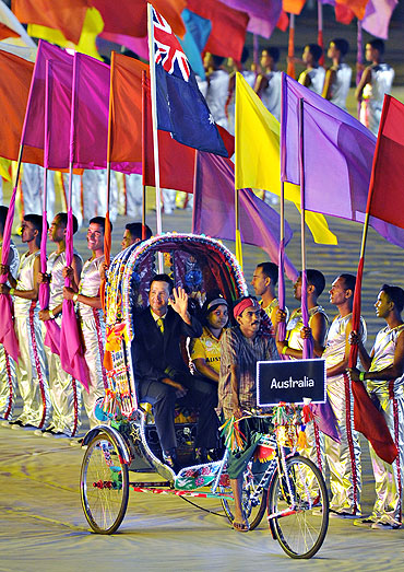 Australia's captain Ricky Ponting arrives on a rickshaw at the opening ceremony of the World Cup on Thursday