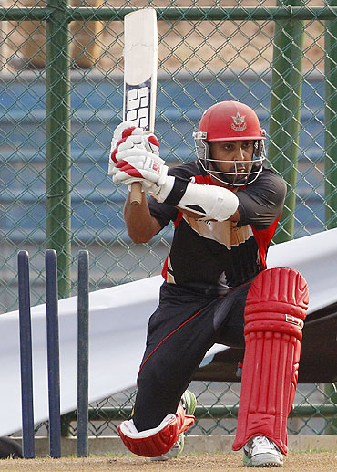 Canada's captain Ashish Bagai prepares to play a shot during a practice session in Hambantota district on Saturday
