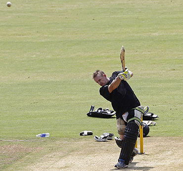 New Zealand's Scott Styris bats in the nets in Chennai on Friday