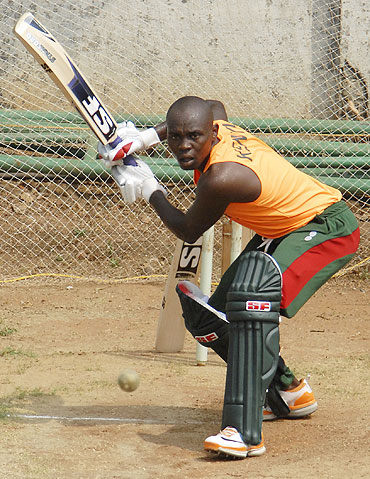 Kenya's Morris Ouma bats in nets in Chennai on Friday