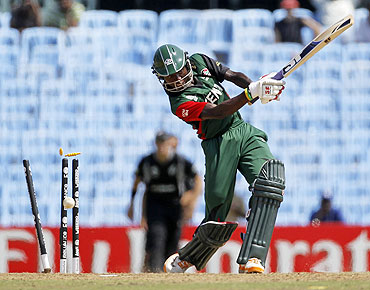 Kenya's Nehemiah Odhiambo is bowled by New Zealand's Tim Southee during their match in Chennai on Sunday