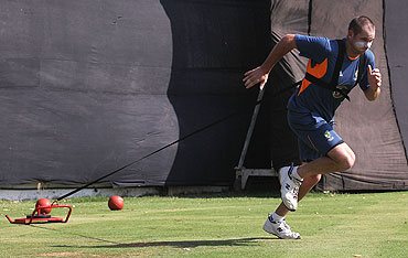 John Hastings runs a speed drill during an Australian nets session at Sardar Patel Stadium in Ahmedabad, on Sunday