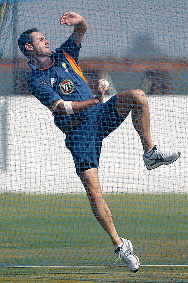 Shaun Tait bowls in the nets during a training session at the Sardar Patel Stadium on in Ahmedabad on Friday