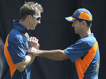 Brett Lee (left) and Ricky Ponting share a joke during a nets session at Sardar Patel Stadium, Ahmedabad, on Saturday
