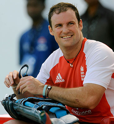 England's captain Andrew Strauss smiles during the nets session in Nagpur on Monday