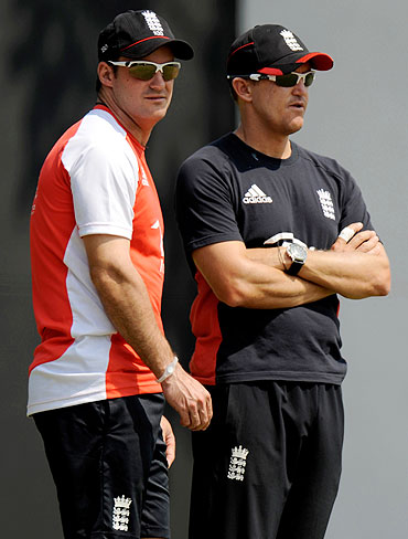 England's captain Andrew Strauss (left) with coach Andy Flower during a training session in Nagpur on Monday