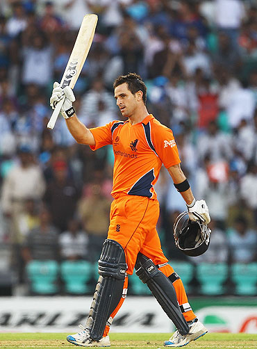 Ryan ten Doeschate celebrates after scoring a century against England on Tuesday