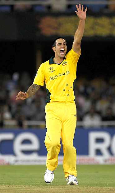 Mitchell Johnson appeals for a wicket during his match against Zimbabwe in Ahmedabad