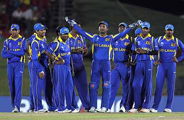 Sri Lankan team celebrates after winning their match