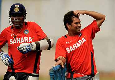 Sachin Tendulkar and Vireder Sehwag duing a practice session in Bangalore