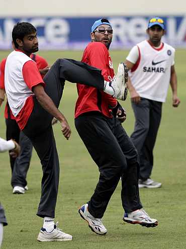 Munaf Patel and Yuvraj Singh during a warm-up session