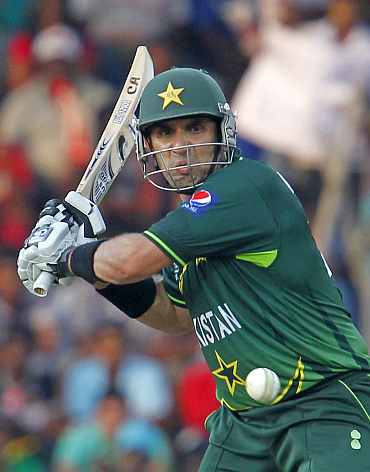 Misbah-ul-Haq plays a shot during the World Cup match against Sri Lanka