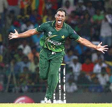 Pakistan's Shoaib Akhtar celebrates after picking up a wicket