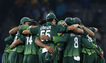 The Pakistanis get into a huddle