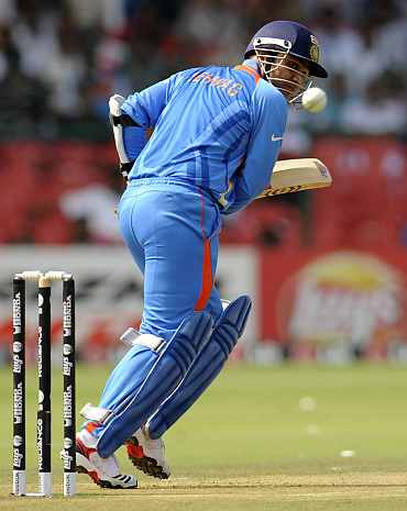 Virender Sehwag plays a shot during the World Cup match against England