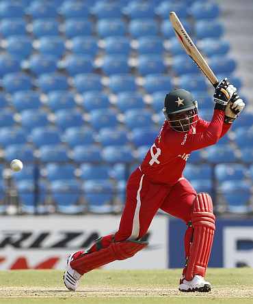 Zimbabwe's Tatenda Taibu plays a shot during their World Cup Group A match against Canada