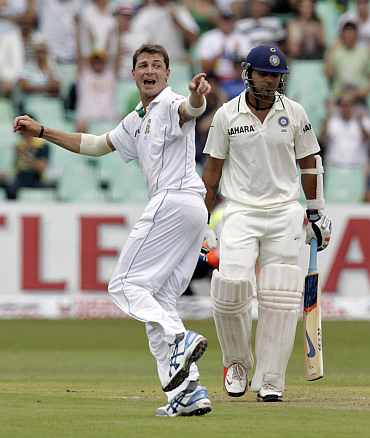 Dale Steyn celebrates after picking up the wicket of Murali Karthik