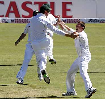 South African players celebrate after picking up a wicket