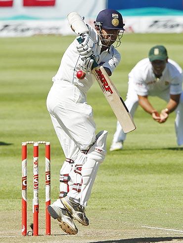India's Gautam Gambhir plays a defensive shot on Day 2 of the Cape Town Test in January 2011.