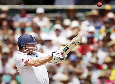 England's Graeme Swann plays a hook shot during the 4th Day's play on Thursday