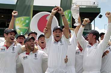 England's Andrew Strauss celebrates after winning the Ashes against Australia in Sydney
