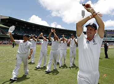 England Andrew Strauss celebrates with team-mates after winning the Ashes series against Australia in Sydney