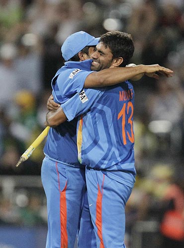 India's Suresh Raina and Munaf Patel (right) celebrate after defeating South Africa on Saturday